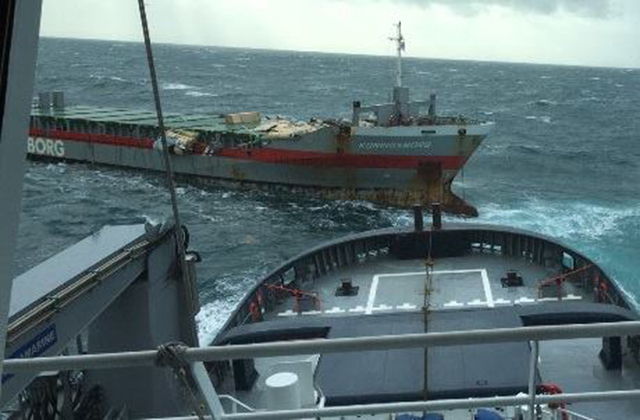 The stricken vessel, the Koningsborg, being taken under tow by the Abeille Bourbon