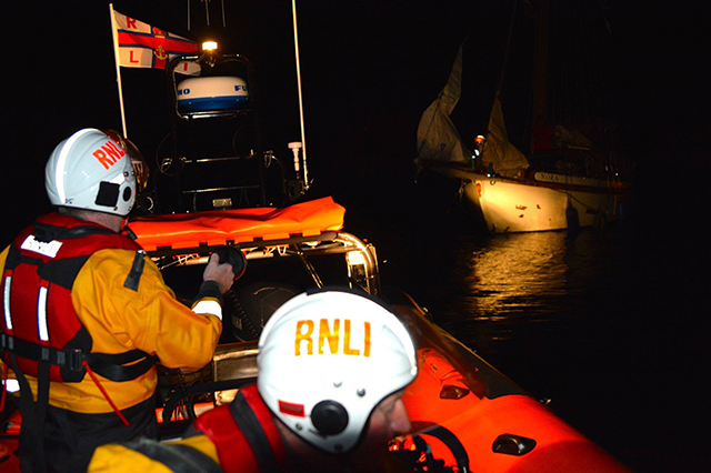 American sailors in the 40ft yacht Nora rescued after running aground in county Antrim. Credit: RNLI/Red Bay