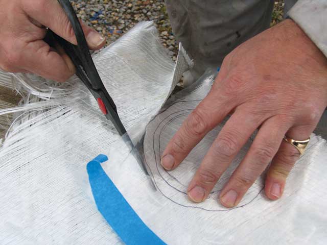 5: Remove the polythene, and use it as a cutting guide for the stitched or woven fabric. Here is a good chance to use up any offcuts or scraps (but don’t use CSM).