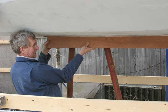 1: Barry makes a wooden template of the curve of the keel so he knows the hull is the correct shape to receive the keel