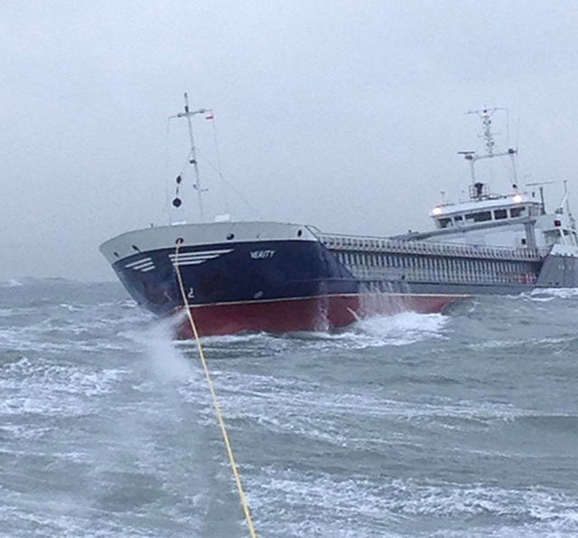 The stricken cargo ship Verity under tow. Credit: RNLI/Alan Hoskin