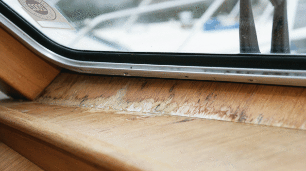 Boat leaks from a window causing damage from woodwork
