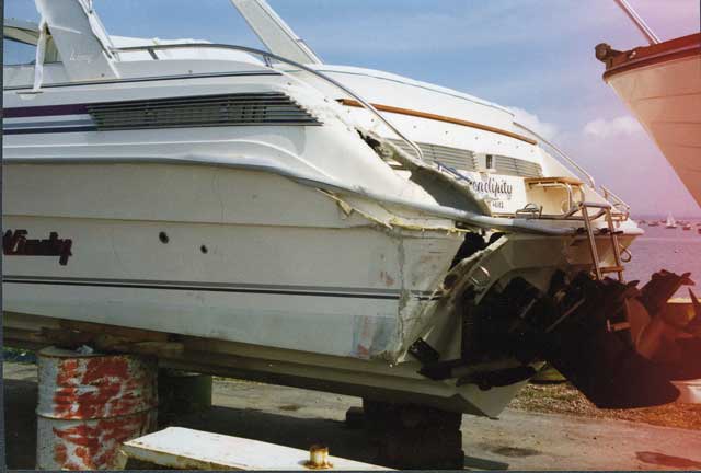 1 The worst of the damage was to the port quarter, where the transom had been completely opened up. 