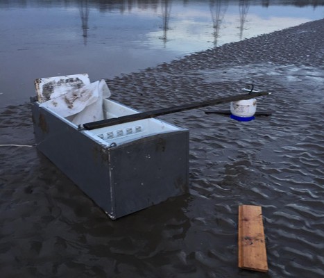 The fridge freezer 'boat' at Connor’s Quay, Flintshire. Credit Flint Coastguard Rescue Team
