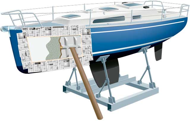 With all three wax layers added, you can now brush on two layers of gel coat, leaving each to cure to tackiness. The gel is then followed by some chopped strand mat, with foam or wood stiffeners bonded in for strength. Brace the whole thing so its weight won't allow it to fall from the hull.