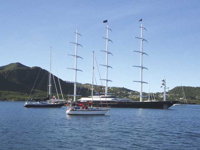 Newtsville moors up next to the superyacht Maltese Falcon in Antigua