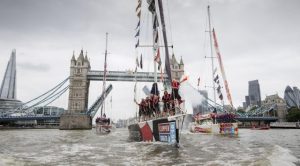 Clipper Race podium teams by Tower Bridge