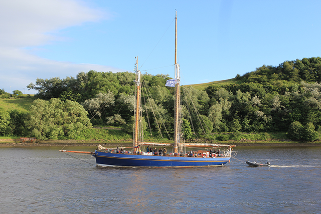 The Spirit of Falmouth approaching Newcastle on the River Tyne on the Round Britain Challenge