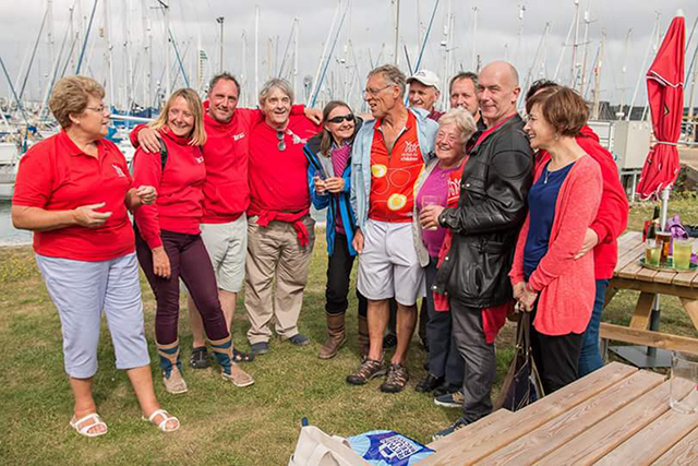 Steve and Kaz and Harry Pointon celebrate the successful completion of their UK circumnavigation with crew, friends and family at Hornet Services Sailing Club, Gosport.