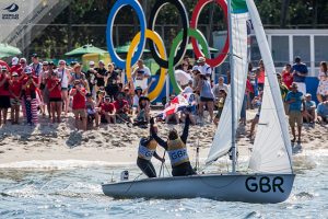 Hannah Mills and Saskia Clark celebrate after winning 470 gold at the Rio 2016 Olympic sailing regatta. ©Sailing Energy / World Sailing
