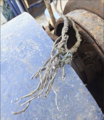Karen – broken end of the port trawl warp that was left on board after the warp parted