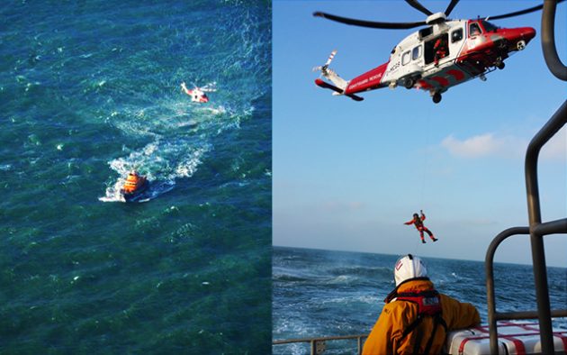 Left: UK Coastguard AW189 helicopter and Yarmouth RNLI Lifeboat in action taken by the Coastguard Jetstream 41 aircraft. Right: UK Coastguard AW189 in action with Yarmouth RNLI