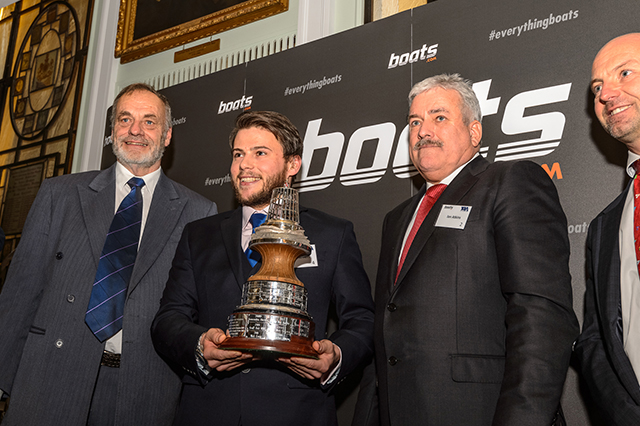 Gavin Reid, second left, receives the coveted boats.com YJA Yachtsman of the Year trophy. Left to right, Barry Pickthall, YJA chairman; Gavin Reid; Ian Atkins, chairman, boats.com; Ian Walker, MBE, last year's winner. Photo: Sam Kurtul