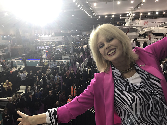 Joanna Lumley poses for press photos on the new Sunseeker Manhattan 66