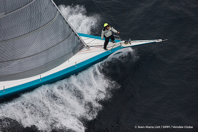 Aerial image of Conrad Colman's IMOCA yacht. Photo credit: Jean-Marie Liot/DPPI/Vendée Globe