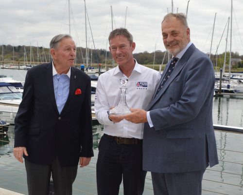 Stephen 'Sparky' Park is presented with a boats.com/YJA Special Award for services to the sport of sailing at the Royal Southern Yacht Club Hamble this week. The award was presented by Barry Pickthall, Chairman of the Yachting Journalists' Association (right) and former Chairman Bob Fisher. Credit: www.pplmedia.com