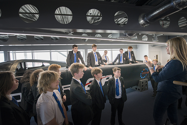Solent students students learn first-hand about the technological developments behind the British America’s Cup team. Credit: Charlie Ross/Monitoba.com