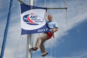 The ARC CI crew of Tessa Jane up the mast at Gosport