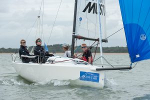 Boys in a dinghy sailing