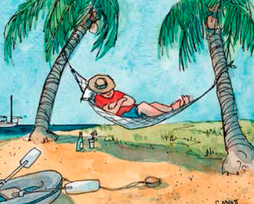 A cartoon of a man lying in a hammock