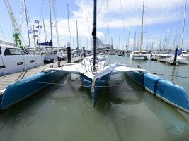 A trimaran at the Portsmouth Harbour Multihull Show