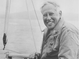 A black and white picture of dinghy designer, Ian Proctor