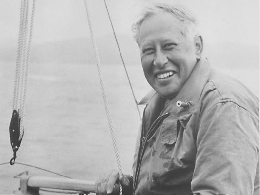 A black and white picture of dinghy designer, Ian Proctor