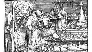 Middle age illustration of an alchemist working in his workshop with an apprentice