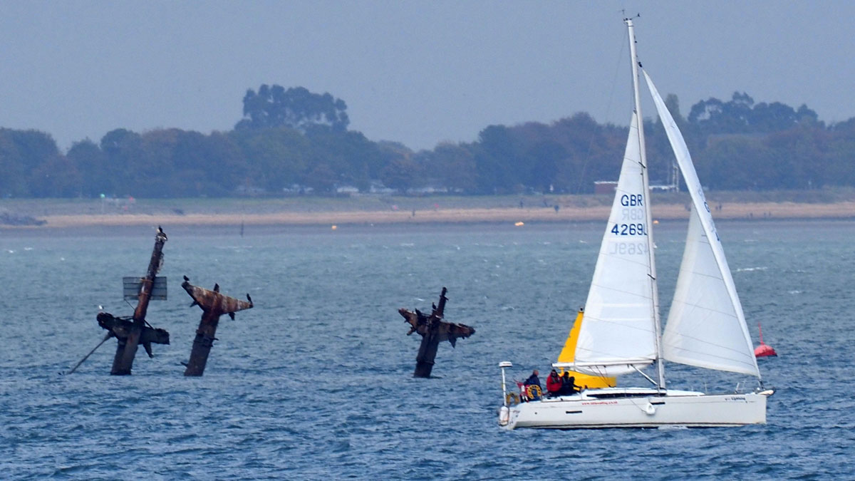 A yacht passes the SS Richard Montgomery wreck. Credit: James Bell/Alamy Live News