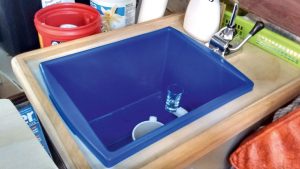 A blue boat sink