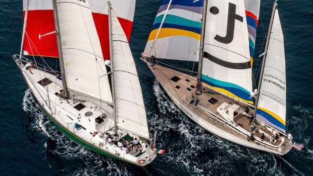 Translated (ex ADC Accutrac with Clare Francis in the 1977/78 Whitbread) pictured her with the 1973 winner Sayula is back racing around the world in the Ocean Globe Race. Credit: Team Translated / StudioBorlenghi.