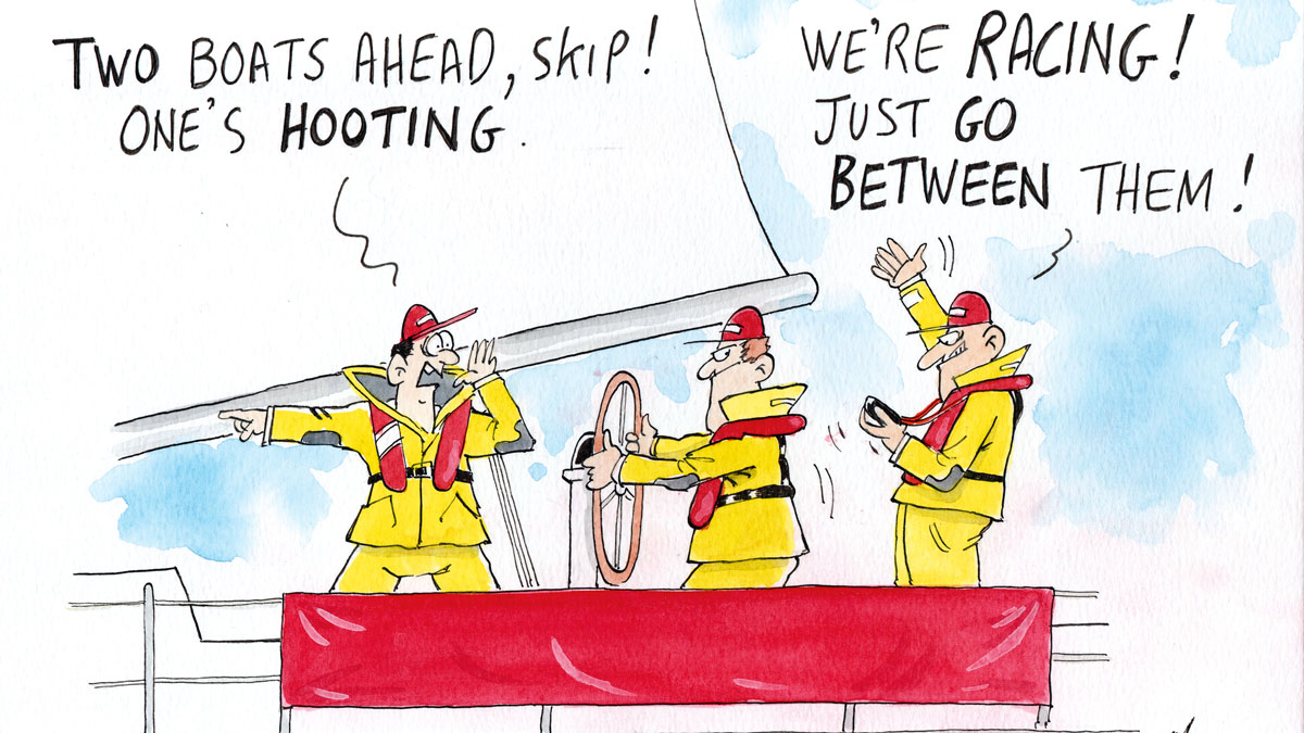 A cartoon showing three people on a yacht