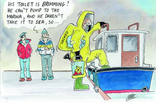 A cartoon showing a man in a hazmat suit climbing on board a boat after a squatter had been on the boat
