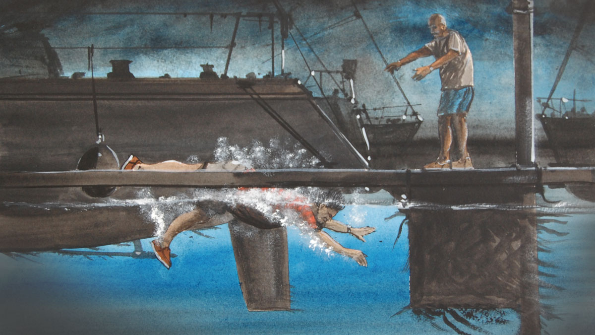 Man overboard in a marina painting by Dick Everitt