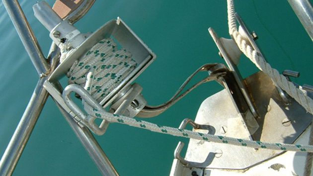 The remains of furling head gear on a boat after a dismasting at sea