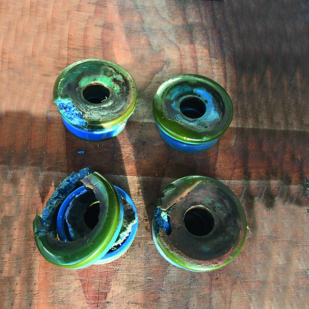 Degraded polymer inserts for engine mounts on a boat