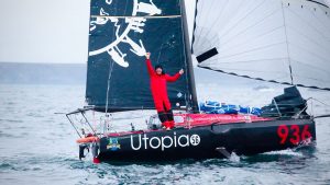 Jay Thompson having completed his west to east Atlantic crossing record