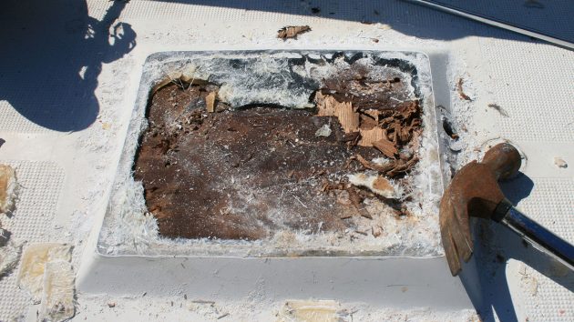 A wet plywood block on a deck of a yacht