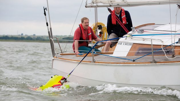 Two men on a boat testing man overboard rescue procedure