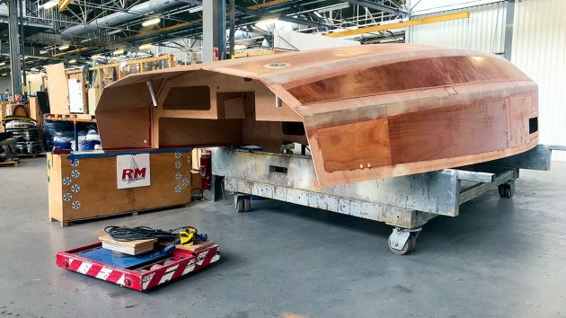 Hull of plywood boats in a factory