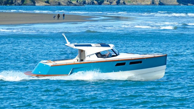 A boat made from PLywood out at sea