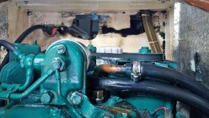 An engine oil leak on a boat