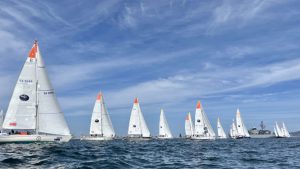 11 yachts crossed the Cape Town start line for Leg 2 of the Ocean Globe Race. Conditions were a perfect 10 knots of south westerly breeze. Credit: OGR2023/Jacqueline Kavanagh