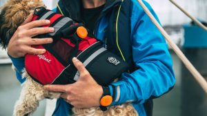 OLAS Tag man overboard safety devices can be attached to wristbands or buoyancy aids worn by a man and attached to a dog via its buoyancy aid