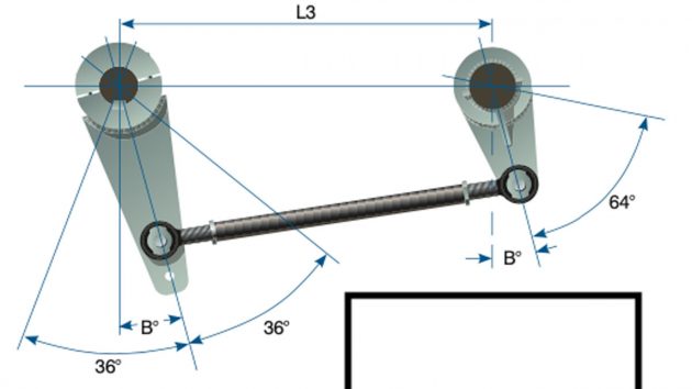 The tiller arm (left) on the rudder stock is longer than the output lever on the drive tube (right). Combined with the offset angle (B), this maximises mechanical advantage when the rudder is on full lock