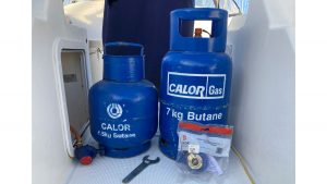Calor’s butane 4.5kg and 7kg gas bottles, and a non-marine regulator bought from a chandlery