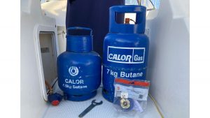 Calor’s butane 4.5kg and 7kg gas bottles, and a non-marine regulator bought from a chandlery