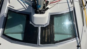 Taped boat windows to stop leaks