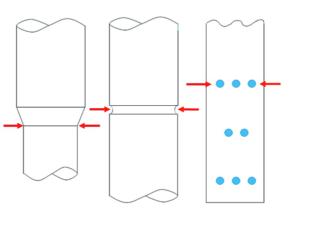 These drawings illustrate typical section changes in shafts and chain plates. At the points indicated by the arrows the stress carried is at its greatest and inspection should be rigorous here. The one on the left is of particular interest as several yacht rudders have failed due to construction in this way.