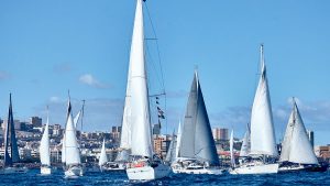 A line of boats sailing